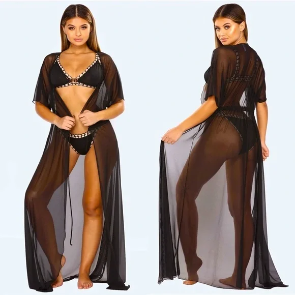 PLUS SIZE Black Sheer Mesh Midi Sleeve Drawstring Waist Maxi Kimono Cover Up - Picture 2 of 9